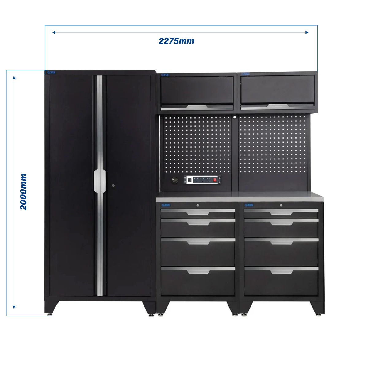 SGS 7pc Modular Garage Storage | 8 Drawers | Stainless Steel Worktop | 2x Upper Cabinets | Tall Double Cabinet | Pegboard with Power Strip
